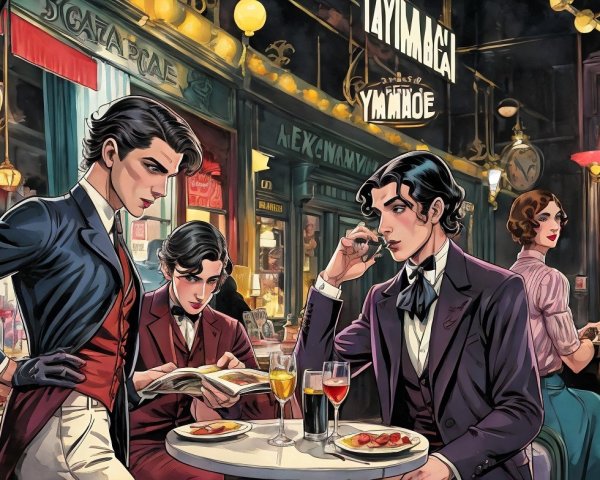 Vintage Café Scene with Elegant Men and Lively Atmosphere