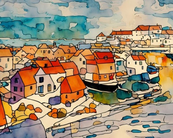 Vibrant Abstract Landscape of a Colorful Seaside Town