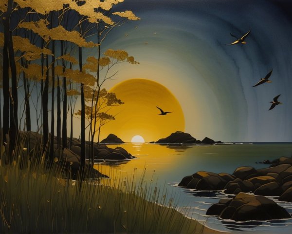 Serene Sunset Over Tranquil Sea with Silhouetted Trees