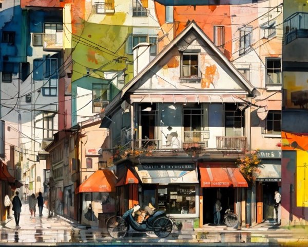 Vibrant Urban Scene with Colorful Murals and Café