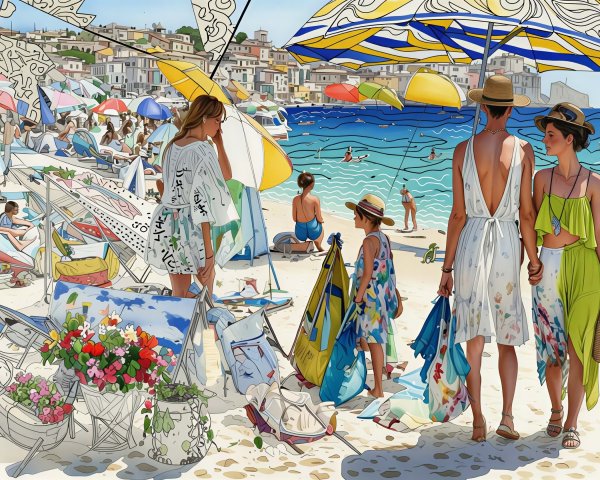 Women and girl walking on a crowded sunny beach