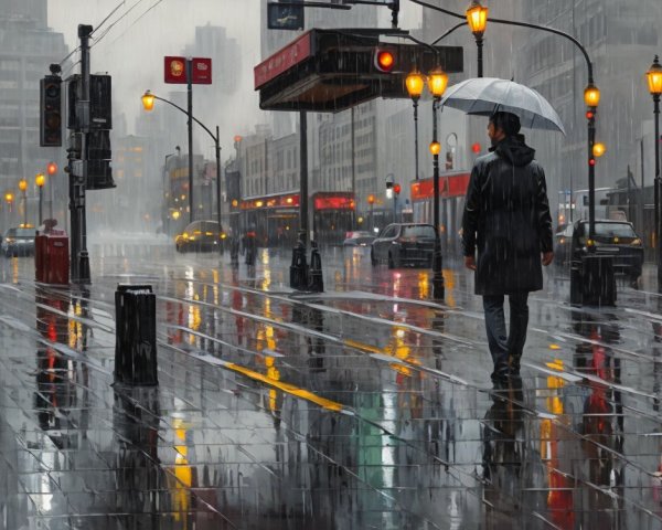 Solitary Figure on Rain-Soaked Urban Street Scene