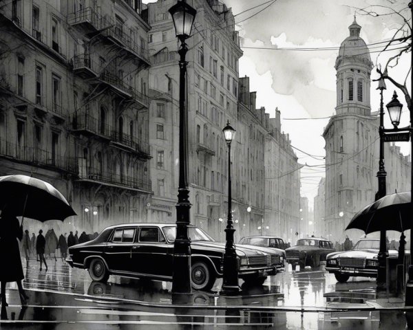 Monochromatic Cityscape with Vintage Cars and Umbrellas