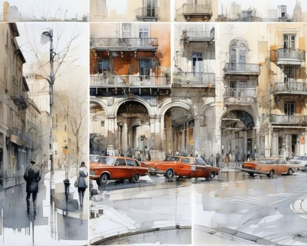 Urban Street Scene with Historic and Modern Architecture