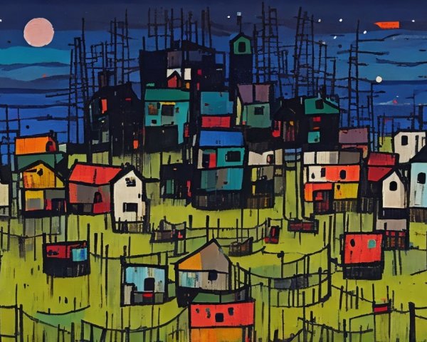 Whimsical Landscape with Colorful Houses and Moon