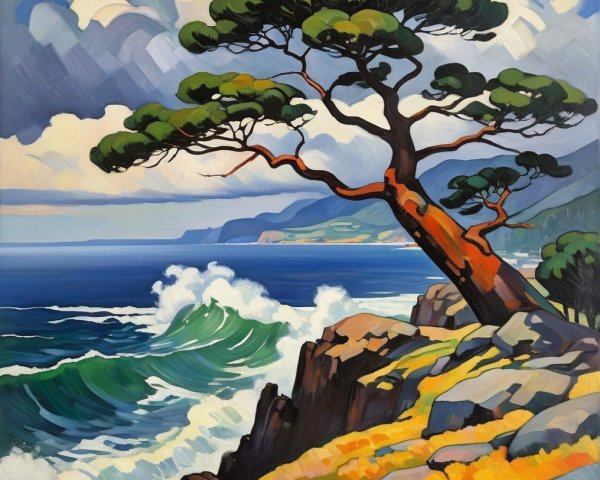 Vibrant Coastal Scene with Twisted Tree and Waves