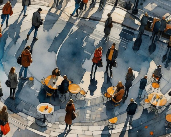 Urban Plaza Scene with Diverse People in Autumn Attire