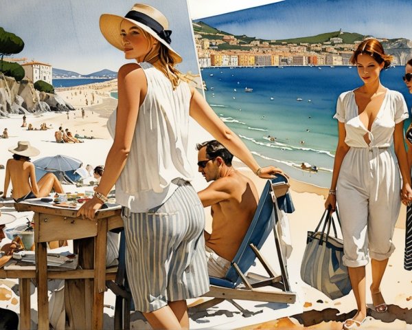 Vibrant Beach Scene with Sunbathers and Scenic Cliffs