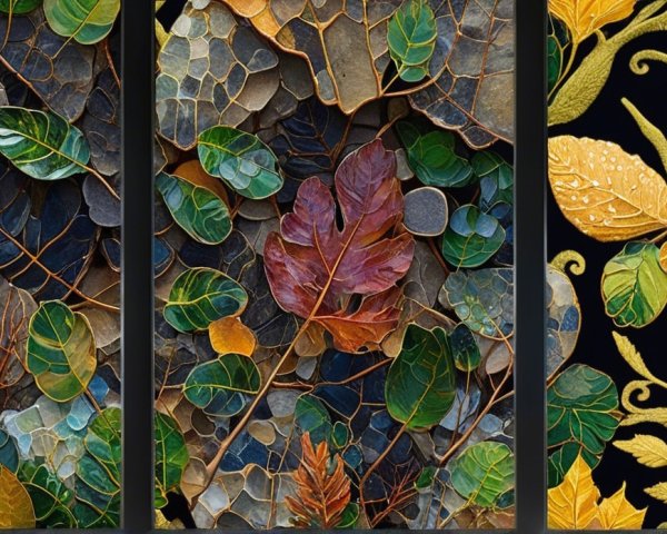 Vibrant Triptych of Leaves and Floral Motifs