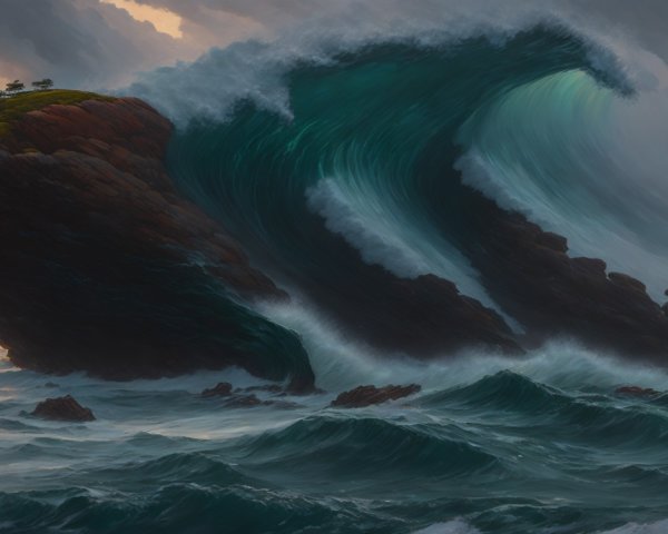Dramatic Seascape with Towering Waves and Rugged Cliffs