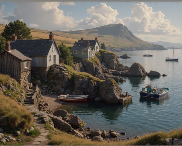 Coastal Scene with Houses and Anchored Boats