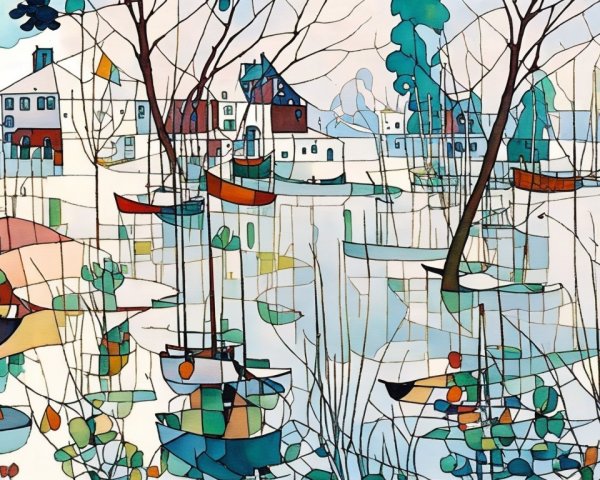 Vibrant Abstract Landscape with Serene Waterfront Scene