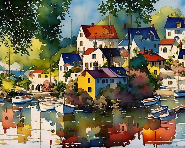 Panoramic Watercolor of Colorful Village by Harbor