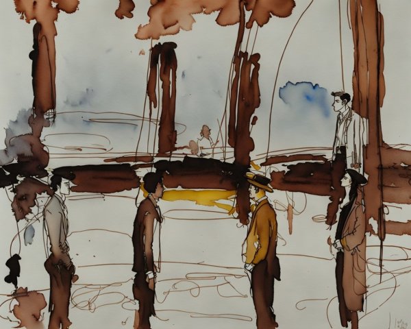 Abstract Watercolor Scene with Vintage Figures Outdoors