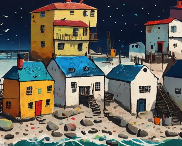 Colorful Seaside Houses Against a Starry Sky