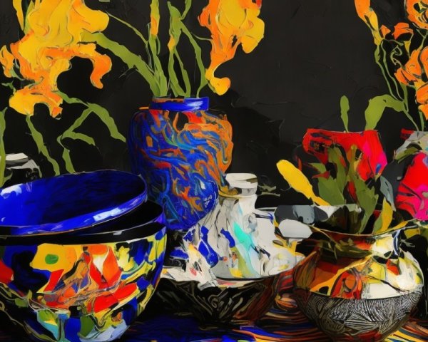 Vibrant Still Life with Colorful Vases and Flowers