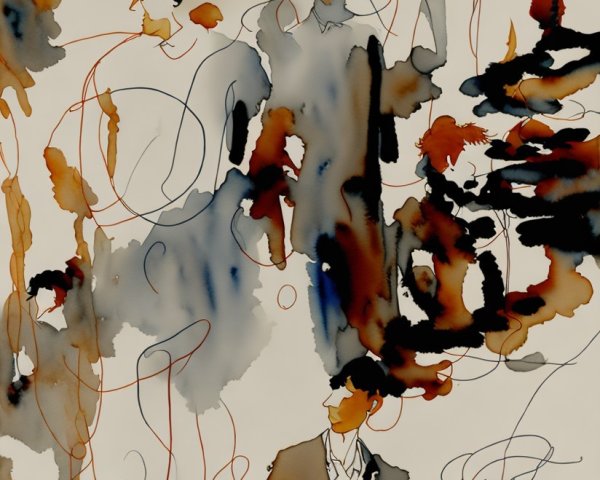 Abstract Watercolor Composition with Fluid Lines and Colors