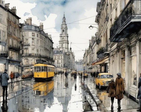 City Street Scene with Tram and Vintage Cars