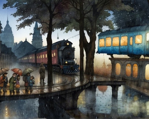 Vintage Steam Train in Rainy City Scene