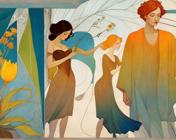 Vibrant mural with figures and floral elements