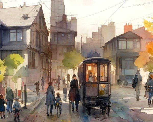 Vintage Tram in a Bustling Urban Scene with Autumn Leaves