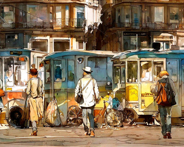 Vintage Trams and Pedestrians in Urban Street Scene
