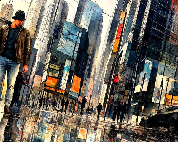 Urban Scene with Reflective Street and Glass Buildings