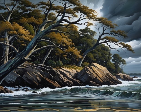 Dramatic Coastal Scene with Rugged Rocks and Waves