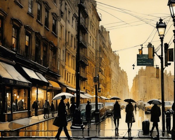 City Street Scene on Rainy Day with Umbrellas