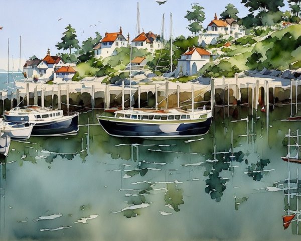 Coastal Scene with Boats and Quaint Houses on Hillside