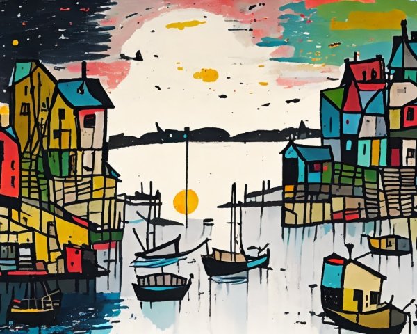 Abstract Landscape with Colorful Houses and Sunset