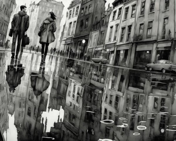 Monochromatic Cityscape with Rainy Street Scene