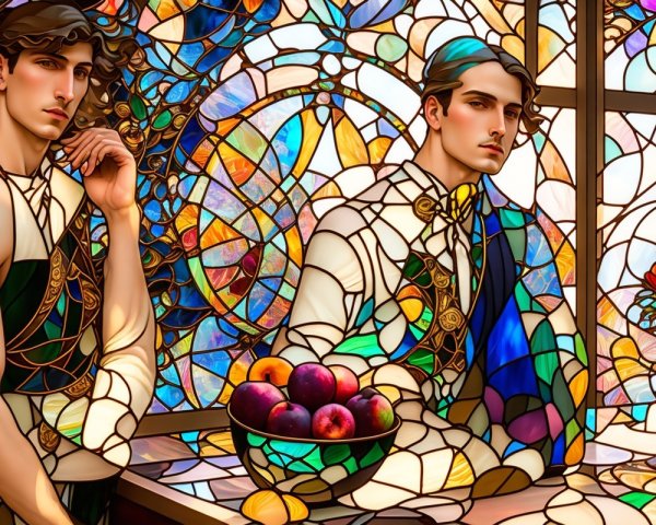 Elegantly Dressed Men Beside Fruit Bowl and Stained Glass