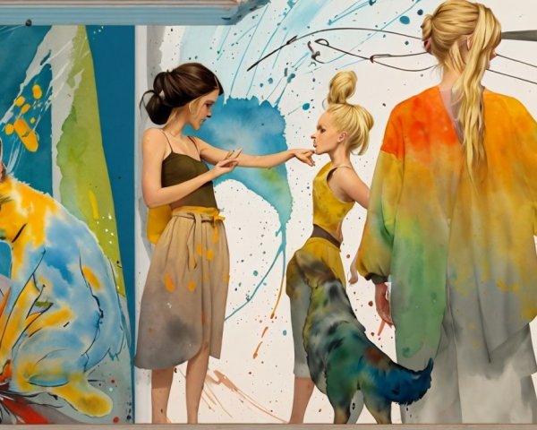 Vibrant mural of women, girl, and playful animals