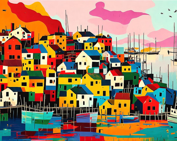 Vibrant Harbor Landscape with Colorful Houses and Boats