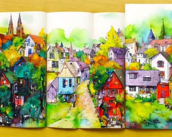 Vibrant Watercolor Village with Colorful Houses
