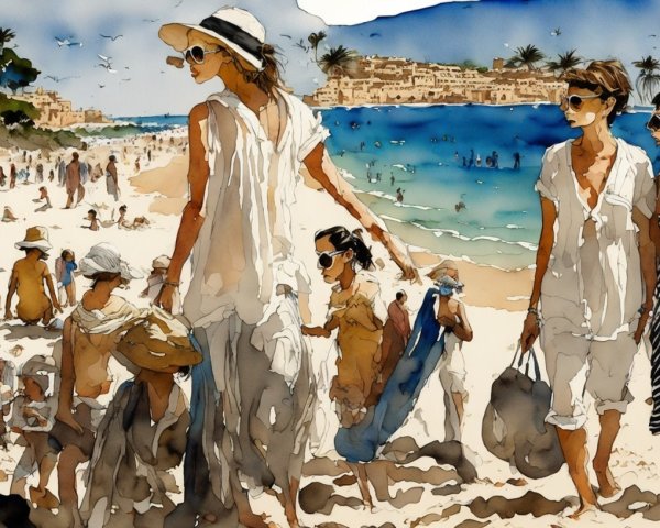 Vibrant Watercolor Beach Scene with People and Ocean