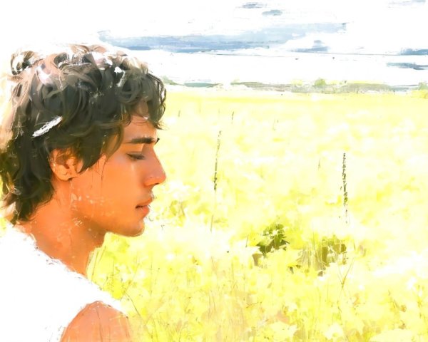 Young man in sunlit field with yellow flowers