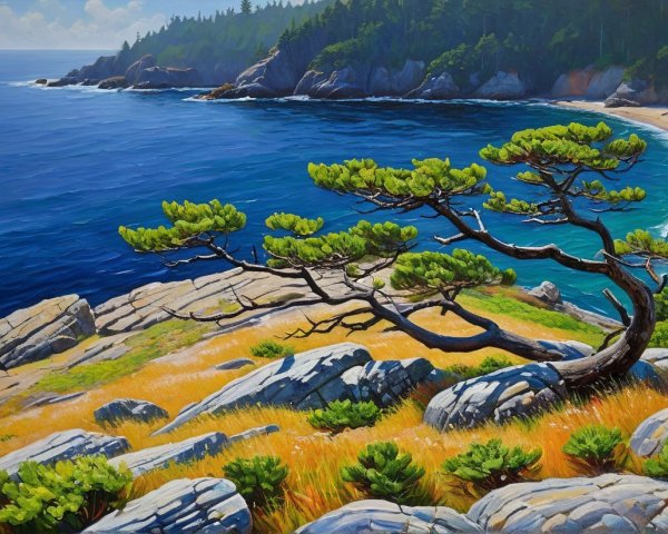 Vibrant Coastal Scene with Rocky Shoreline and Cliffs