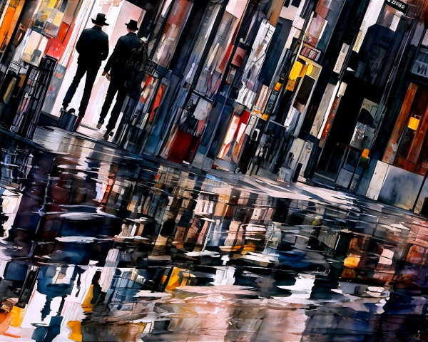 Vibrant Urban Scene with Figures on Wet Street
