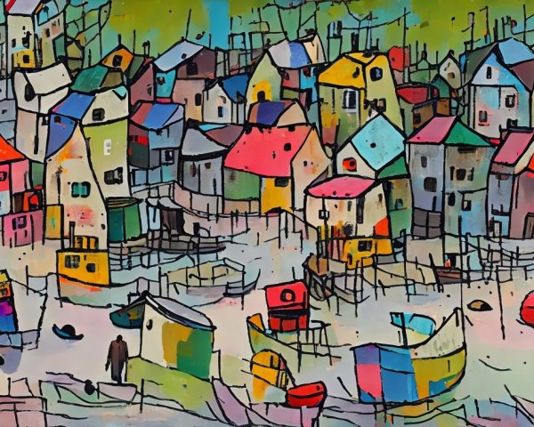 Abstract Coastal Village with Colorful Houses and Boats