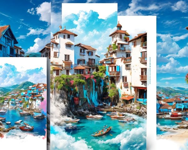 Watercolor Collage of a Coastal Town Landscape