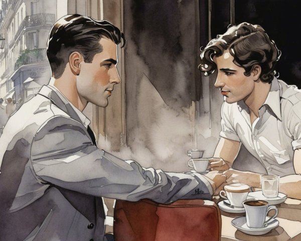 Young Men Conversing at Café Table in Urban Setting