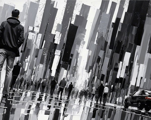 Monochromatic Urban Scene with Reflective Cityscape