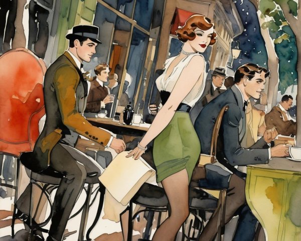Elegant Café Scene with Stylish Patrons Outdoors