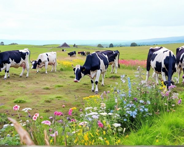 Tranquil Pasture with Cows and Colorful Wildflowers