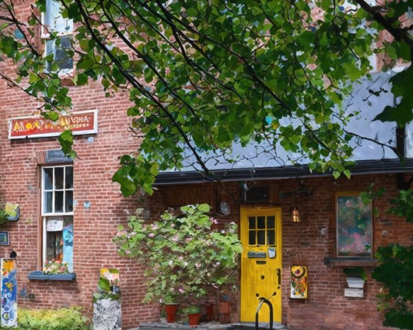 Charming Brick Building with Yellow Door and Murals