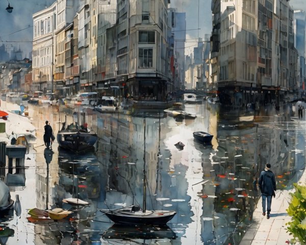 Vibrant Cityscape with Canal and Colorful Boats