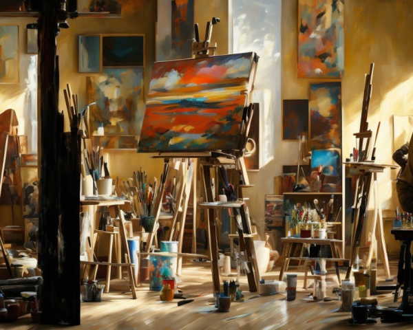 Spacious Artist's Studio with Vibrant Paintings and Light