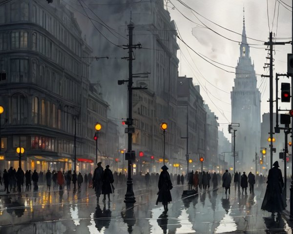City Street Scene with Mist and Vintage Silhouettes